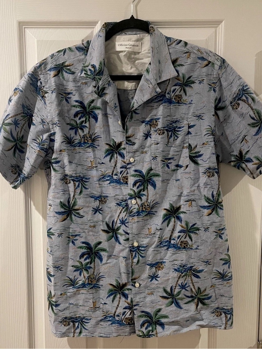Officine Générale Men’s M Tropical Resort Camp Shirt Blue Palm Tree Print